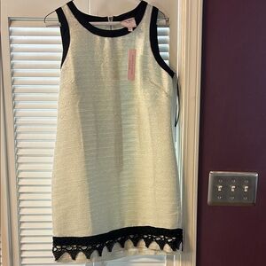 Romeo & Juliet Couture Ivory Textured Shift Dress with Black Trim